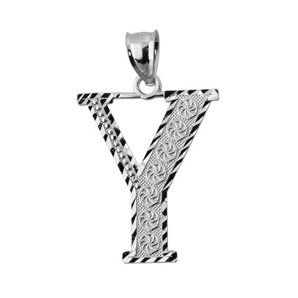925 Sterling Silver Diamond Cut Large Initial Letter Y Roman Pendant Necklace
